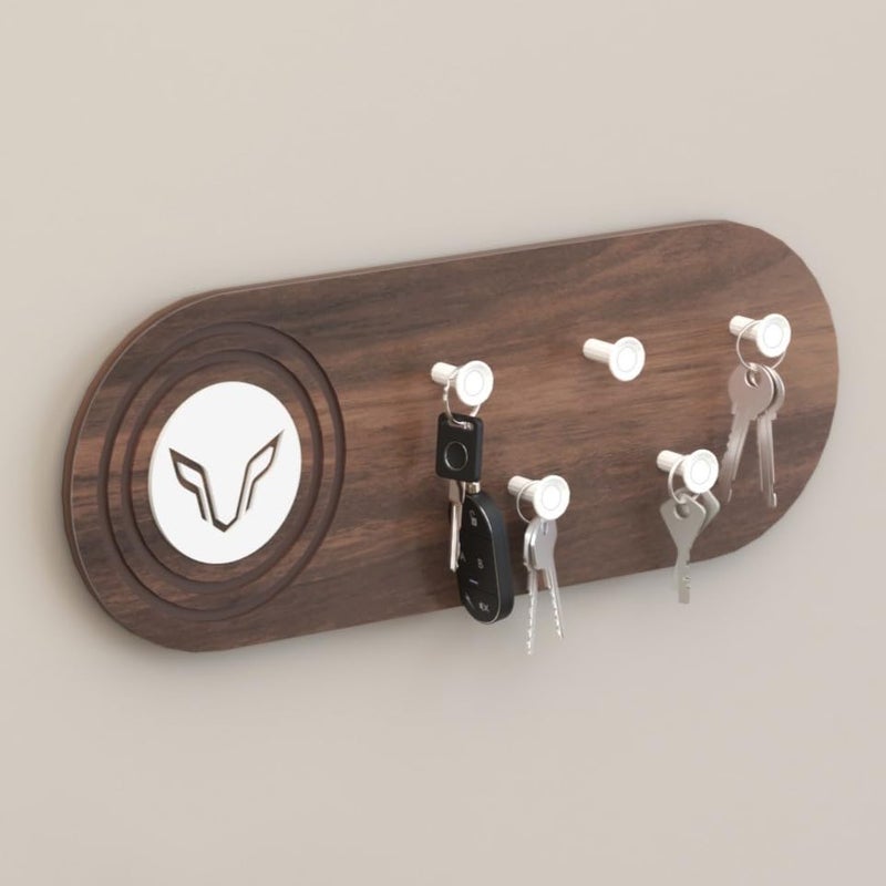 BLUEWUD Walore Engineered Wood Wall Mounted Decor Key Holder Hanger with 5 Knobs with 3D Wolf Emblem for Bedroom Study Living Room Home Furniture (Brown Maple) - Image 1