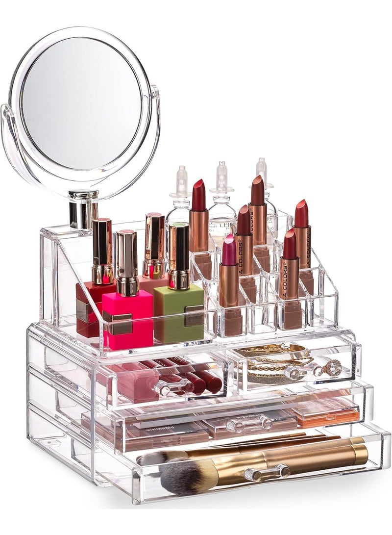 Rotating Mirror Acrylic Makeup & Jewelry Organizer – Clear, Stylish Storage for Cosmetics, Lipsticks, and Jewelry - Image 1