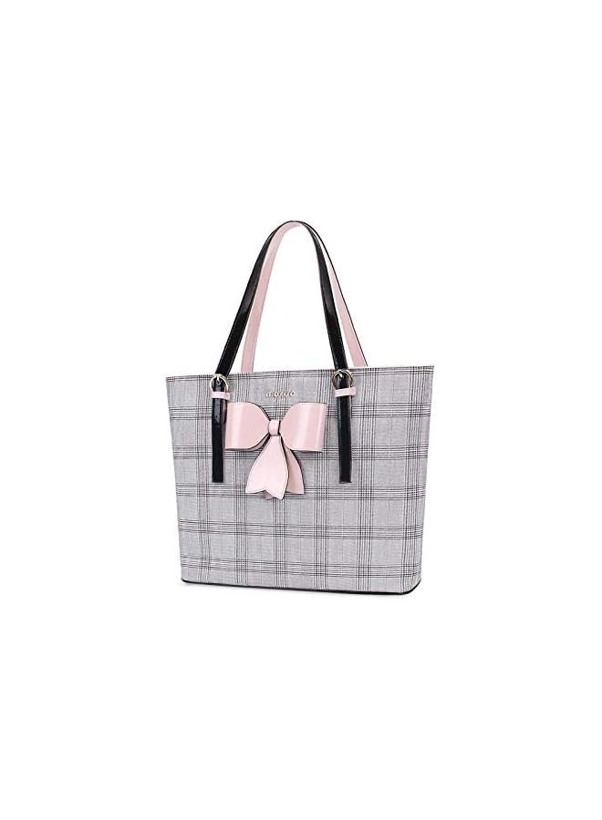 PROMASS Laptop Tote Bag PU Leather Large Capacity Work Bag Travel Shoulder Bag with Grid MO-GID002LTBR  - Image 1