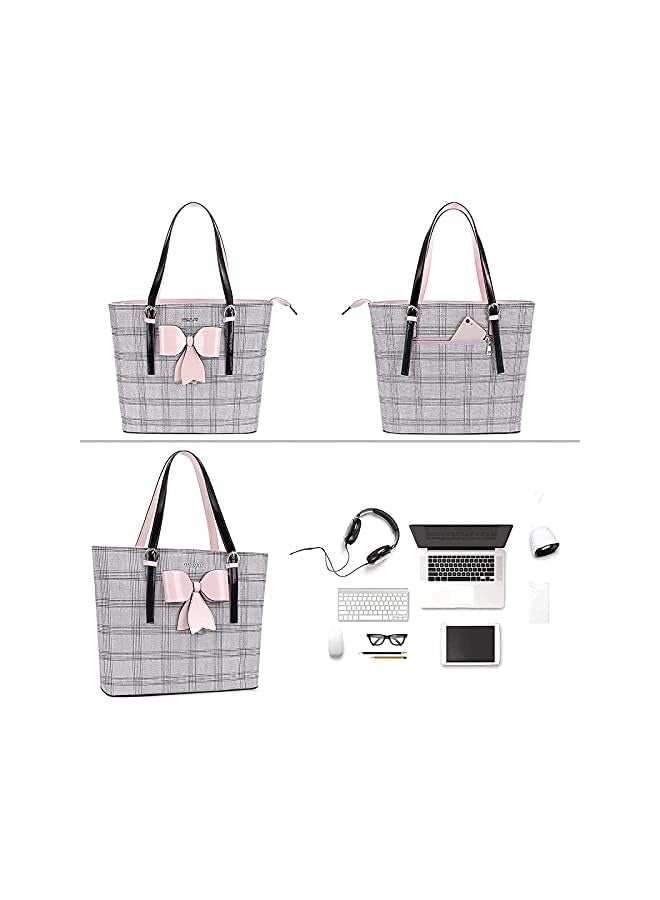 PROMASS Laptop Tote Bag PU Leather Large Capacity Work Bag Travel Shoulder Bag with Grid MO-GID002LTBR  - Image 2