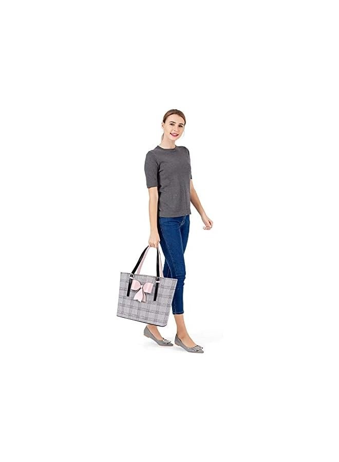 PROMASS Laptop Tote Bag PU Leather Large Capacity Work Bag Travel Shoulder Bag with Grid MO-GID002LTBR  - Image 5
