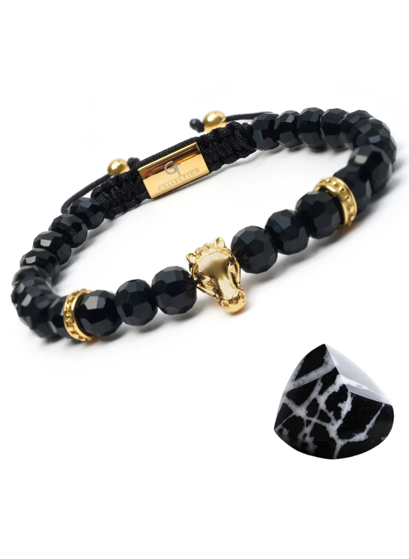 Lunnora Black Onyx Natural Stone Bead Bracelet with Golden Arabian Horse – Bracelet for Men, Men’s Bracelet, Gifts for Men, Bracelets for Men – 100% Natural, Adjustable One Size Fits All