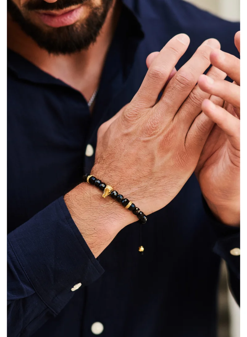 Lunnora Black Onyx Natural Stone Bead Bracelet with Golden Arabian Horse – Bracelet for Men, Men’s Bracelet, Gifts for Men, Bracelets for Men – 100% Natural, Adjustable One Size Fits All