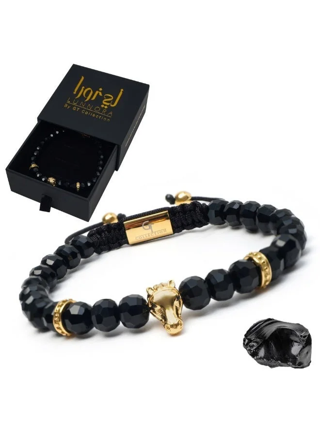 لونورا سوار خرز من حجر العقيق الأسود الطبيعي مع حصان عربي ذهبي – سوار للرجال، سوار رجالي، هدية للرجال، أساور للرجال – طبيعي 100% وقابل للتعديل بمقاس واحد للجميع