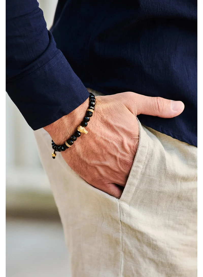 Lunnora black Black Onyx Natural Stone Bead Bracelet with Golden Arabian Horse – Bracelet for Men, Men’s Bracelet, Gifts for Men, Bracelets for Men – 100% Natural, Adjustable One Size Fits All for Men | Best Price UAE