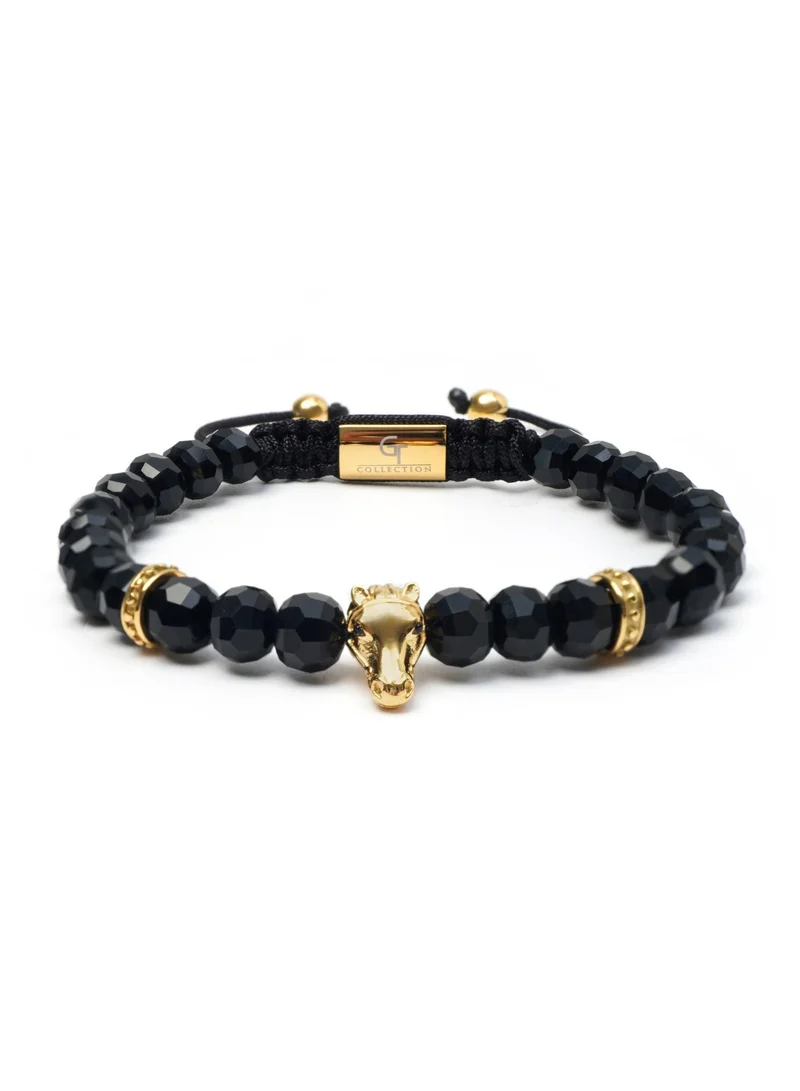 Lunnora black Black Onyx Natural Stone Bead Bracelet with Golden Arabian Horse – Bracelet for Men, Men’s Bracelet, Gifts for Men, Bracelets for Men – 100% Natural, Adjustable One Size Fits All for Men | Best Price UAE
