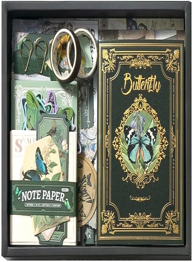 LANLOY A6 Grid Notebook Paper Vintage Aesthetic Scrapbook Kit, Attractive Cover Designs Supplies Kit With Bullet Junk Journal, Stationery Journaling Gift For Girl (Green - Butterfly) - Image 1
