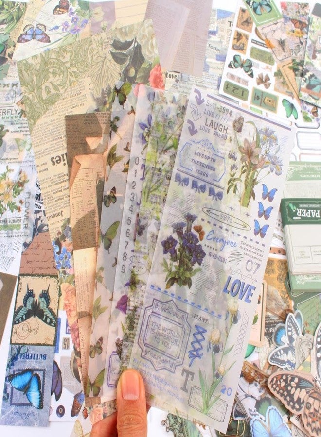 LANLOY A6 Grid Notebook Paper Vintage Aesthetic Scrapbook Kit, Attractive Cover Designs Supplies Kit With Bullet Junk Journal, Stationery Journaling Gift For Girl (Green - Butterfly) - Image 5