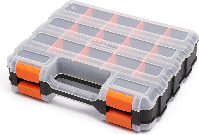 Mayouko Double Side Tools Organizer, Customizable Removable Plastic Dividers, Hardware Box Storage, Excellent for Screws,Nuts,Small Parts, 34-Compartment, Black/Orange,12.6"L x 10.6"W x 3.2"H - Image 1