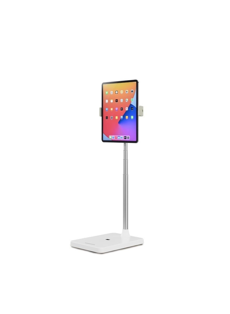 porodo Blue 360° Multifunctional Phone & Tablet Holder with Extendable Pole, Adjustable Height with Telescopic Rod, 270° Rotational Hinge, Horizontal & Vertical, 4"-11" Device Compatibility, Adjustable Viewing Angle, 90° Continuous Hovering, Overhead Stand, Stable & Secure Hold - White - Image 1