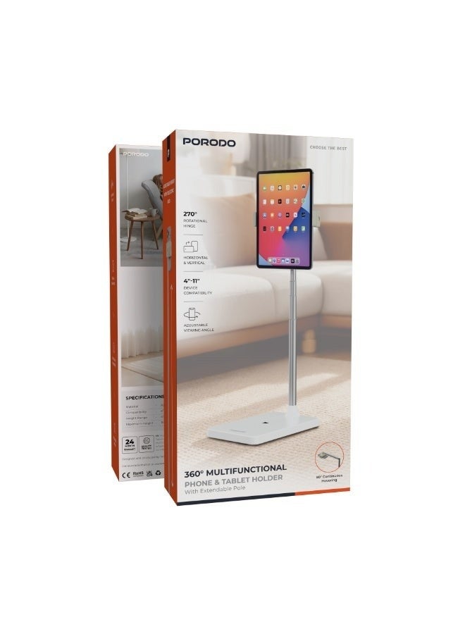 porodo Blue 360° Multifunctional Phone & Tablet Holder with Extendable Pole, Adjustable Height with Telescopic Rod, 270° Rotational Hinge, Horizontal & Vertical, 4"-11" Device Compatibility, Adjustable Viewing Angle, 90° Continuous Hovering, Overhead Stand, Stable & Secure Hold - White - Image 2