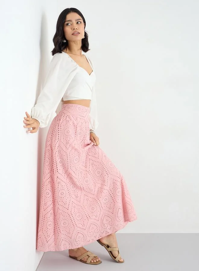 Styli Pink Schiffli Maxi Skirt