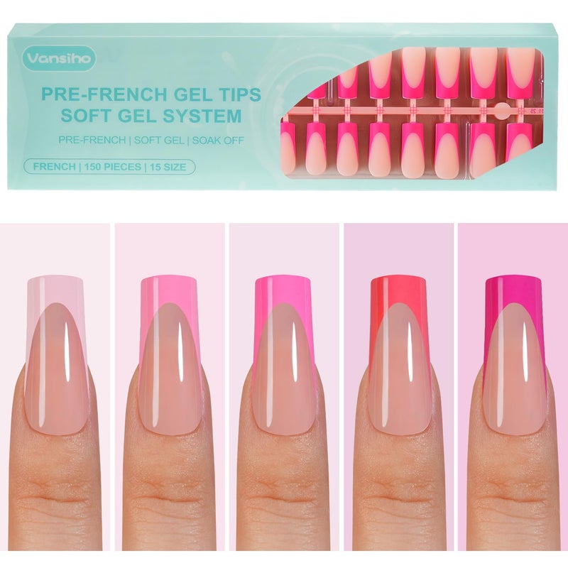 VANSIHO 150Pcs French Gel Nail Tips, Vansiho Long Square Nail Tips, Pink Pre-French Tips Press on Nails, Soak Off Soft Gel Acrylic Fake Nails for Nail Art DIY 15 Sizes - Image 1