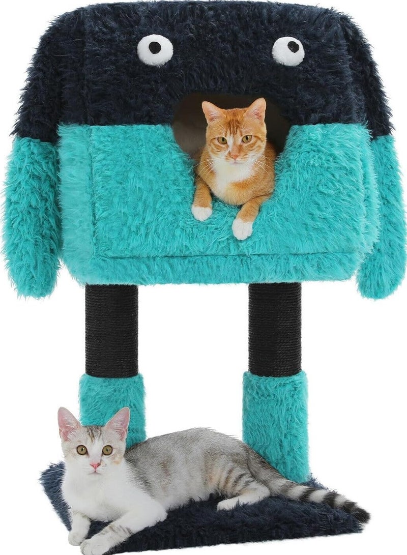 اليسا شجرة قطط على شكل وحش، عمود خدش للقطط 2 في 1 مع شقة كبيرة مريحة، برج قطط بتصميم فني مع سرير ناعم قابل للإزالة للقطط الداخلية (أزرق، متوسط) - Image 1