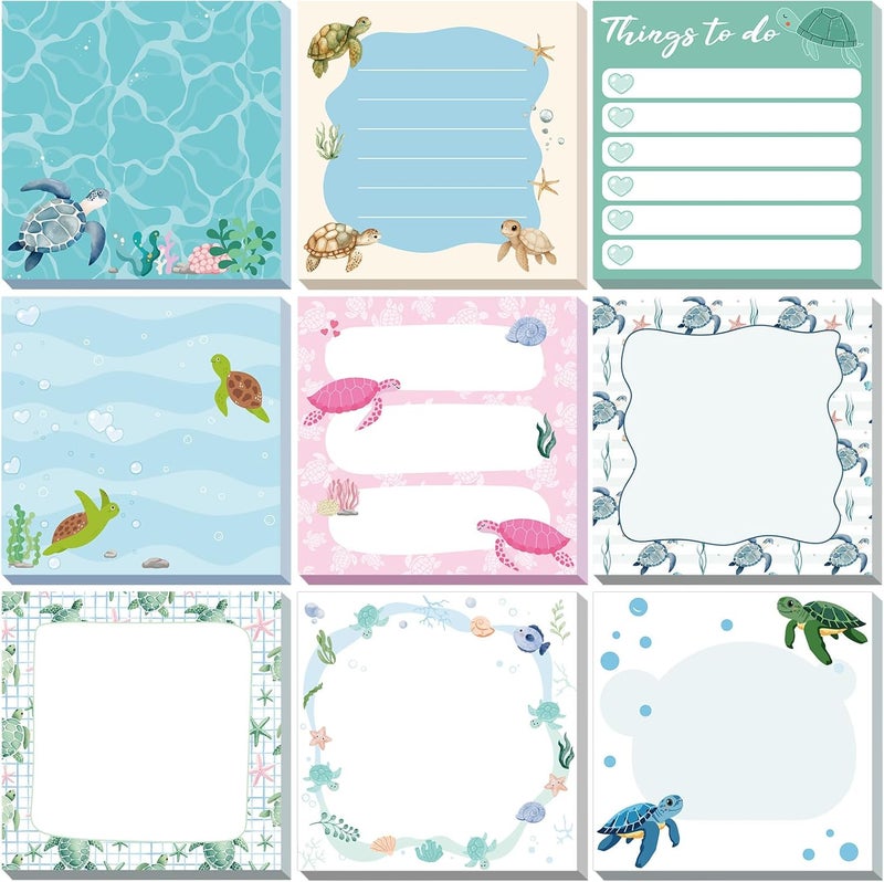 Saypacck 9 Pads Turtle Sticky Notes 3x3 Inch Cute Self Stick Notepads Notes Adhesive Memo Pad Office Decor Gifts for Students School Teacher Meeting Office Supplies - Image 1