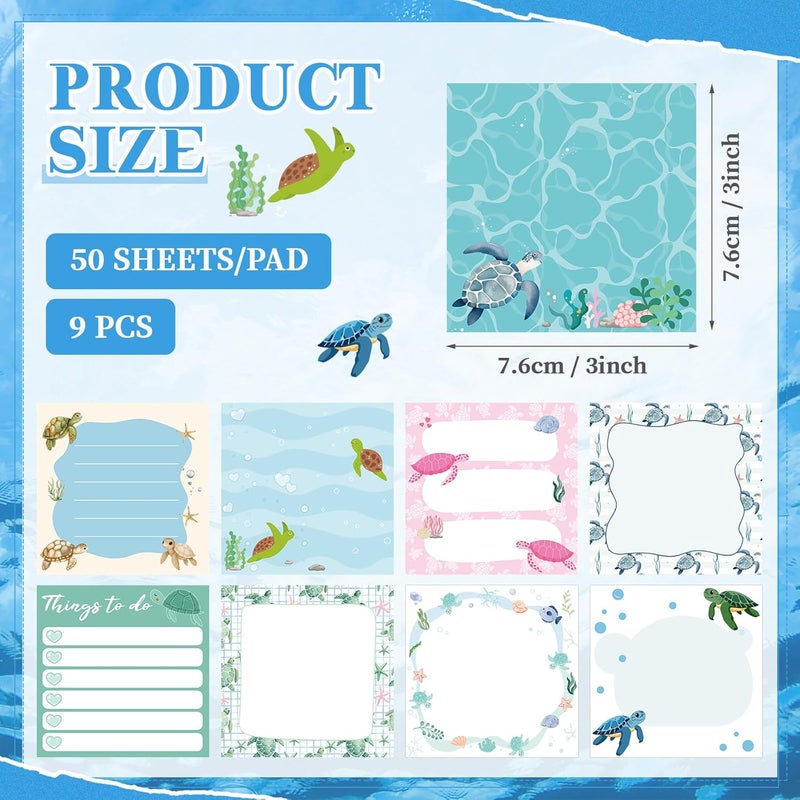 Saypacck 9 Pads Turtle Sticky Notes 3x3 Inch Cute Self Stick Notepads Notes Adhesive Memo Pad Office Decor Gifts for Students School Teacher Meeting Office Supplies - Image 2