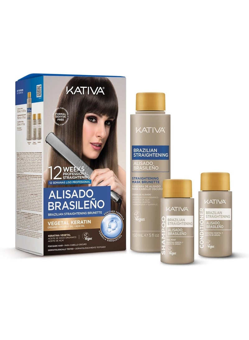 Kativa Brazilian Straightening Brunette Kit, 12 Weeks of Home Use Professional Straightening, with Organic Coconut Oil, Açai Oil, and Keratin, for Straighter, Softer and Shinier Dark-Coloured Hair - Image 1