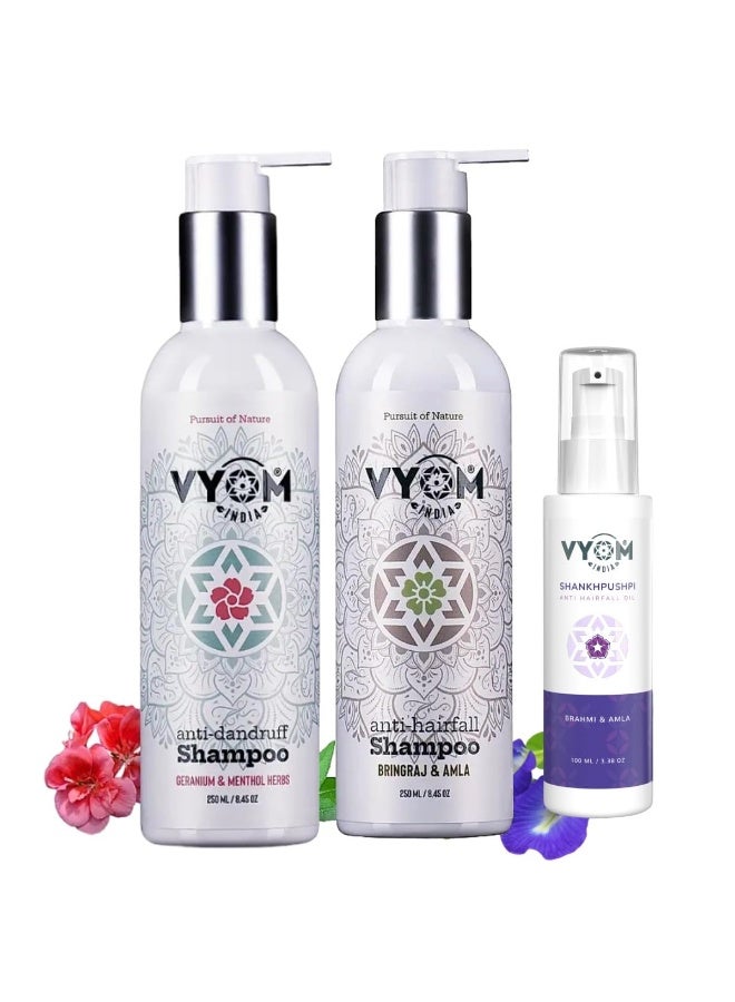 VYOM India Anti Hairfall Oil(100ml) + Anti hairfall & Dandruff Shampoo (250ml+250ml), For Strong, Long & Thick Hair, Enriched with Bhringraj, Amla, Geranium, Brahmi, Certified Organic & Plant Based - Pack of 3 - Image 1
