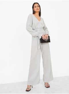 Wide Leg Wrap Front Shimmer Fabric Jumpsuit