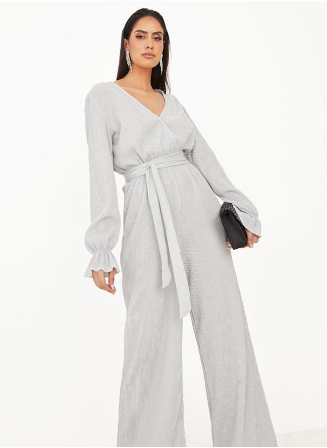 Styli - Wide Leg Wrap Front Shimmer Fabric Jumpsuit - Image 1