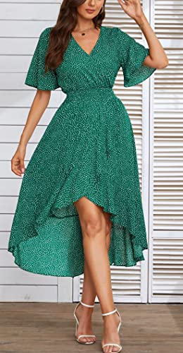 Kormei Womens Short Sleeve Floral Maxi Dress High Low V-Neck Flowy Party Long Dresses M Polka-Dot Green - Image 2