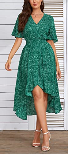 Kormei Womens Short Sleeve Floral Maxi Dress High Low V-Neck Flowy Party Long Dresses M Polka-Dot Green - Image 3