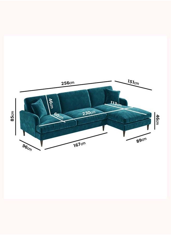 FSH Furniture - L Shape 3 Seater Sofa In Teal Velvet Rightand Facing 85x256x151 cm - Image 1