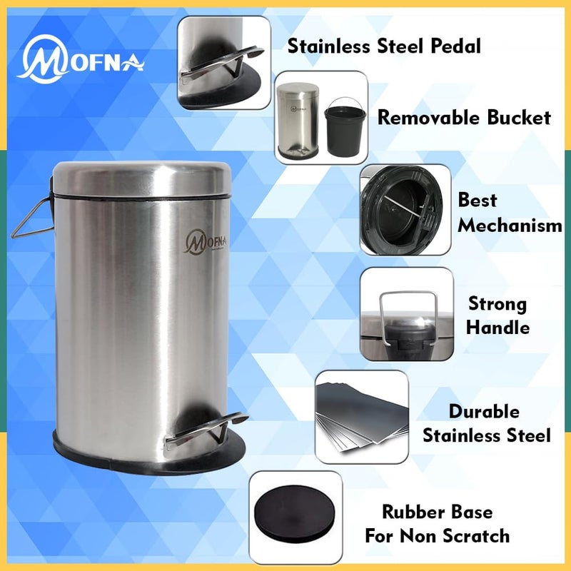 mofna mofna Stainless Steel Pedal Dustbin Foot Operated Dustbin Trashcan Papper Bin Trash Barrel Wastebasket For Kitchen Office Bathroom Home 8x12 Inch Silver  - Image 3