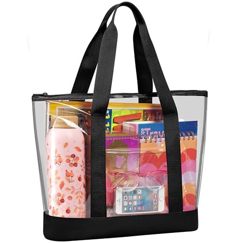 Handy Laundry Handy Laundry Clear Tote Bag  Zipper Closure Long Shoulder Strap Fabric Trimming Black