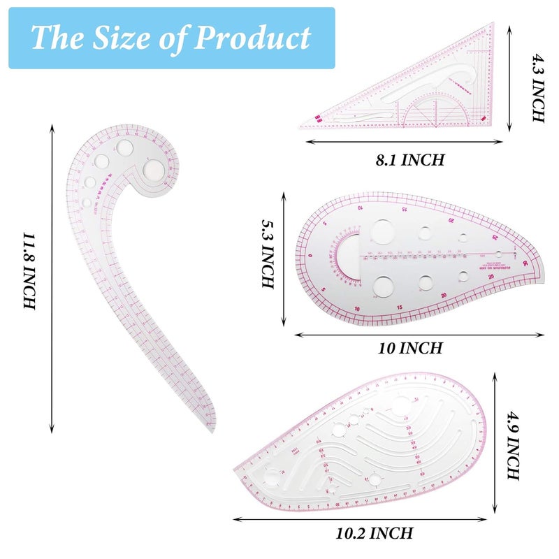 Sunenlyst Pattern Sewing Rulers Set, 4 Styles Plastic Sew French Curve Ruler, Metric Curve Shaped Rulers for Designers and Tailors, Perfect for Drawing, Craft, Sewing Project and DIY by (style A-4PCS) - Image 2