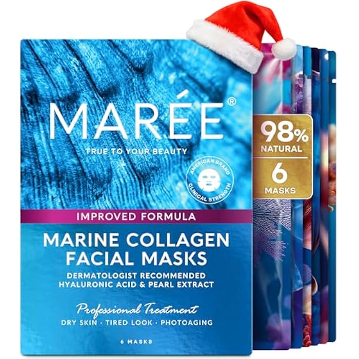 MAREE Collagen Facial Mask with Hyaluronic Acid — Sheet Face Mask Skincare — Centella Asiatica, Green & Red Algae Extract — Hydrating Facemask For Women Skin Care — Mascarillas Para La Cara — 6 Count - Image 1