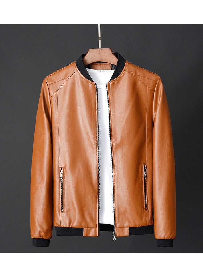 Mens Plus Size Leather Jacket Autumn Stand Collar Trendy CoatOrange Orange