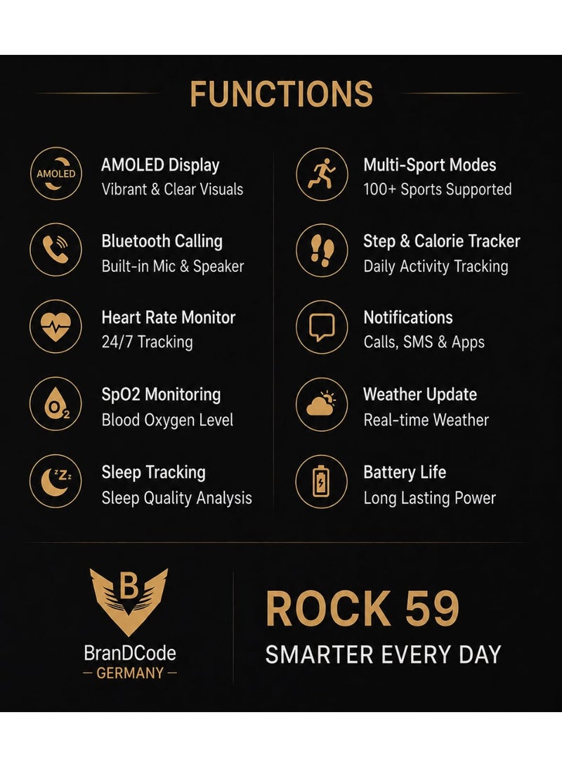 (ساعة Rock 59 Amoeld الذكية من BrandCoad ألمانيا)، متتبع اللياقة البدنية، جهاز مراقبة معدل ضربات القلب ونسبة الأكسجين في الدم، بطارية تدوم 60 يومًا، سوار من الفولاذ والسيليكون - Image 3