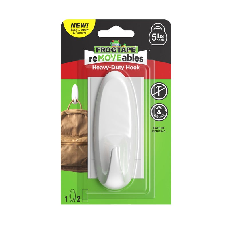 FrogTape reMOVEables Heavy Duty Wall Hooks - No Damage - Easy to Remove & Reuse - Large Wall Hook with Adhesive Strips - Holds up to 5 lbs - Includes 1 Hook and 2 Strips - White (Pack of 1) - Image 1