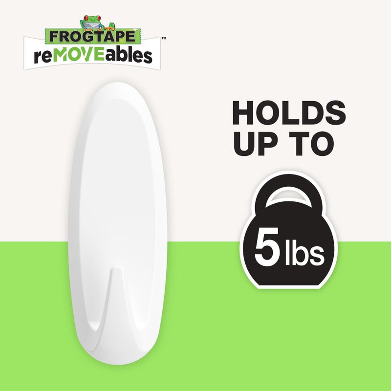 FrogTape reMOVEables Heavy Duty Wall Hooks - No Damage - Easy to Remove & Reuse - Large Wall Hook with Adhesive Strips - Holds up to 5 lbs - Includes 1 Hook and 2 Strips - White (Pack of 1) - Image 2
