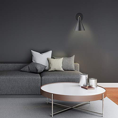 GLOBE Electric 51725 1-Light Dimmable Plug-in or Hardwire Wall Sconce, Matte Black, Faux Walnut Accent, Stepless Dimming Rotary Switch on Canopy, Black Fabric Cord, Bulb Not Included - Image 2