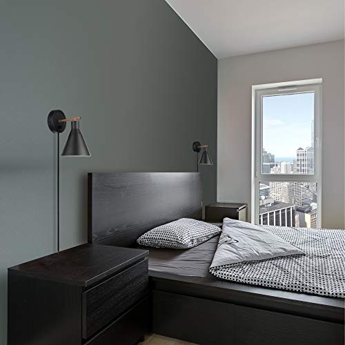 GLOBE Electric 51725 1-Light Dimmable Plug-in or Hardwire Wall Sconce, Matte Black, Faux Walnut Accent, Stepless Dimming Rotary Switch on Canopy, Black Fabric Cord, Bulb Not Included - Image 5