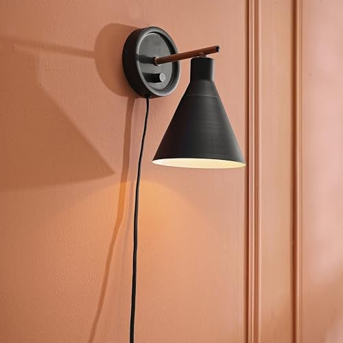GLOBE Electric 51725 1-Light Dimmable Plug-in or Hardwire Wall Sconce, Matte Black, Faux Walnut Accent, Stepless Dimming Rotary Switch on Canopy, Black Fabric Cord, Bulb Not Included - Image 3