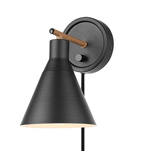 GLOBE Electric 51725 1-Light Dimmable Plug-in or Hardwire Wall Sconce, Matte Black, Faux Walnut Accent, Stepless Dimming Rotary Switch on Canopy, Black Fabric Cord, Bulb Not Included - Image 1