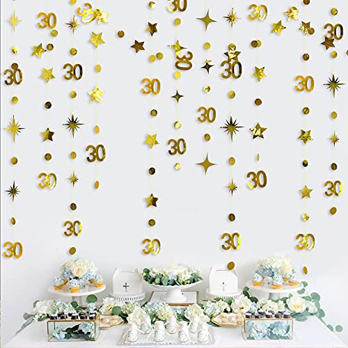 Gold 30th Birthday Garlands Decorations Number 30 Circle Dot Twinkle Star Garland Metallic Hanging Streamer Bunting Banner Backdrop for Her Happy 30 Year Old Birthday Thirty Anniversary Party Supplies