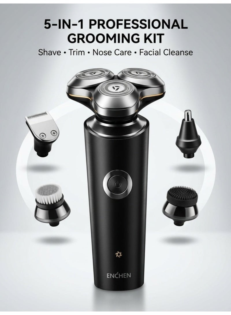 إنشن مجموعة حلاقة كهربائية للرجال ENCHEN 5 في 1، شفرة عائمة ثلاثية الأبعاد، 27 شفرة ذاتية الحدة، مقاومة للماء IPX7 حلاقة رطبة وجافة، شفرة دوارة، شحن سريع عبر منفذ USB Type-C، تشغيل لاسلكي لمدة 60 دقيقة، مع مقص أنف، مقص شعر، وفرشات تنظيف وجه مزدوجة - Image 1