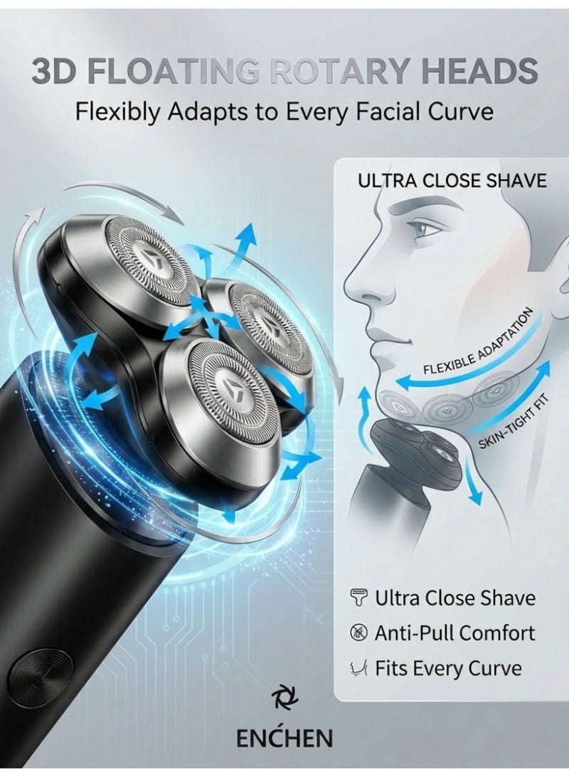 إنشن مجموعة حلاقة كهربائية للرجال ENCHEN 5 في 1، شفرة عائمة ثلاثية الأبعاد، 27 شفرة ذاتية الحدة، مقاومة للماء IPX7 حلاقة رطبة وجافة، شفرة دوارة، شحن سريع عبر منفذ USB Type-C، تشغيل لاسلكي لمدة 60 دقيقة، مع مقص أنف، مقص شعر، وفرشات تنظيف وجه مزدوجة - Image 2