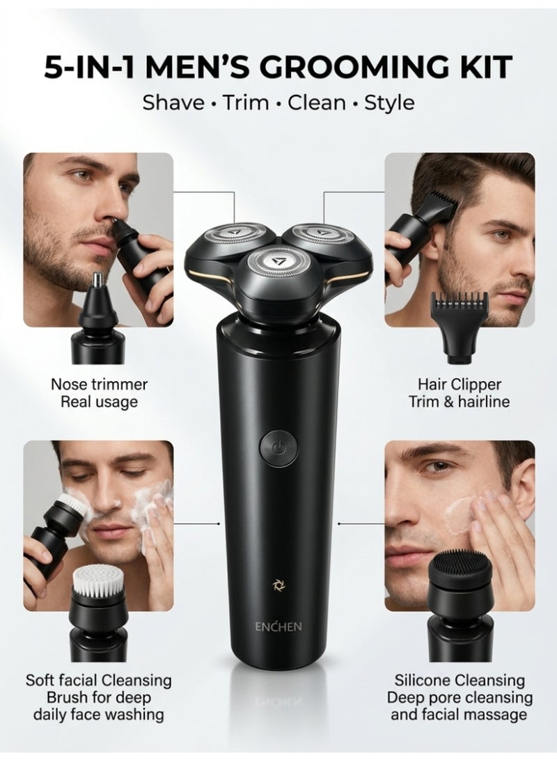 إنشن مجموعة حلاقة كهربائية للرجال ENCHEN 5 في 1، شفرة عائمة ثلاثية الأبعاد، 27 شفرة ذاتية الحدة، مقاومة للماء IPX7 حلاقة رطبة وجافة، شفرة دوارة، شحن سريع عبر منفذ USB Type-C، تشغيل لاسلكي لمدة 60 دقيقة، مع مقص أنف، مقص شعر، وفرشات تنظيف وجه مزدوجة - Image 3