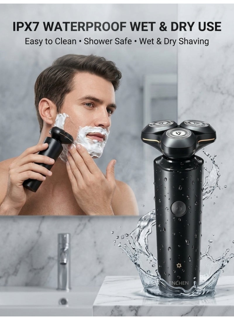إنشن مجموعة حلاقة كهربائية للرجال ENCHEN 5 في 1، شفرة عائمة ثلاثية الأبعاد، 27 شفرة ذاتية الحدة، مقاومة للماء IPX7 حلاقة رطبة وجافة، شفرة دوارة، شحن سريع عبر منفذ USB Type-C، تشغيل لاسلكي لمدة 60 دقيقة، مع مقص أنف، مقص شعر، وفرشات تنظيف وجه مزدوجة - Image 4