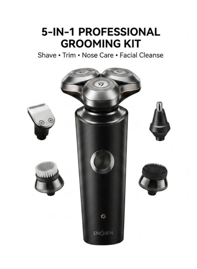 ENCHEN 5-in-1 Men's Electric Shaver Grooming Kit, 3D Floating Blade, 27 Self-Sharpening Blades, IPX7 Waterproof Wet & Dry Rotary Razor, USB Type-C Fast Charge, 60-Min Cordless Runtime, with Nose Trimmer, Hair Clipper & Dual Facial Cleansing Brushes