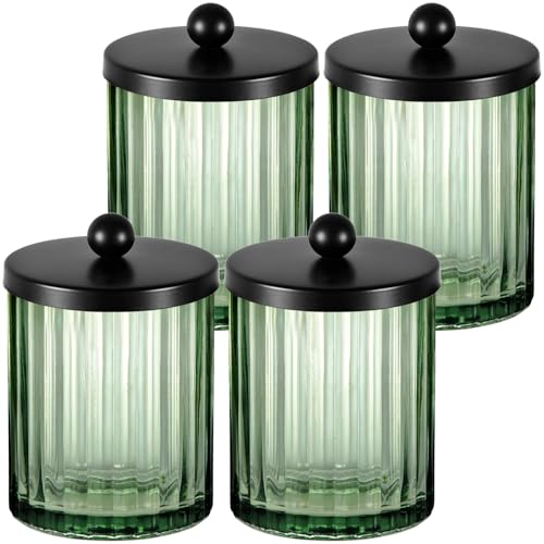 Amolliar Sage Green Glass Apothecary Jar Qtip Holder Dispenser for Cotton Swabs Balls Makeup Pads Floss Picks Bathroom Essential Accessories Countertop Canister Storage Organizer Black 4 Pack - Image 1
