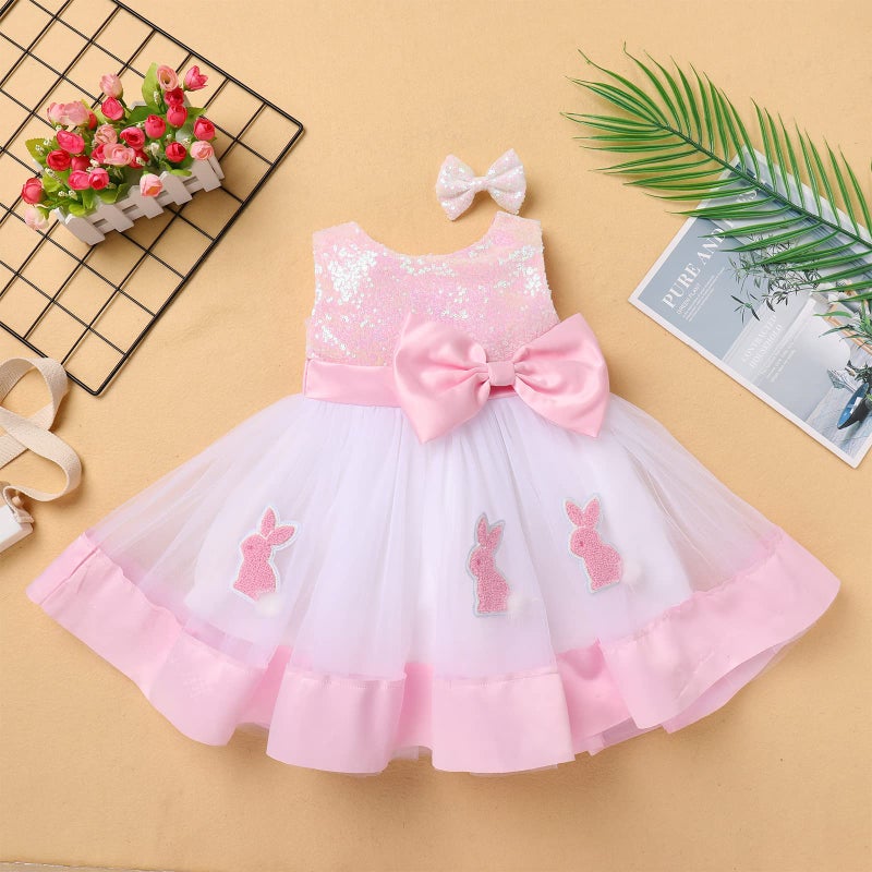 IBAKOM Infant Baby Toddler Girl Easter Outfits Pink Bunny Shiny Sequins Tulle Tutu Dress Birthday Cake Smash Outfits Baptism Christening Dress Baby Girl Christmas Pageant Dress Pink Bunny 2-3 Years - Image 4