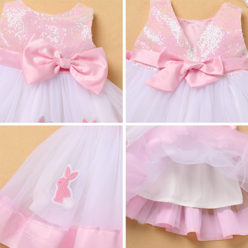 IBAKOM Infant Baby Toddler Girl Easter Outfits Pink Bunny Shiny Sequins Tulle Tutu Dress Birthday Cake Smash Outfits Baptism Christening Dress Baby Girl Christmas Pageant Dress Pink Bunny 2-3 Years - Image 2