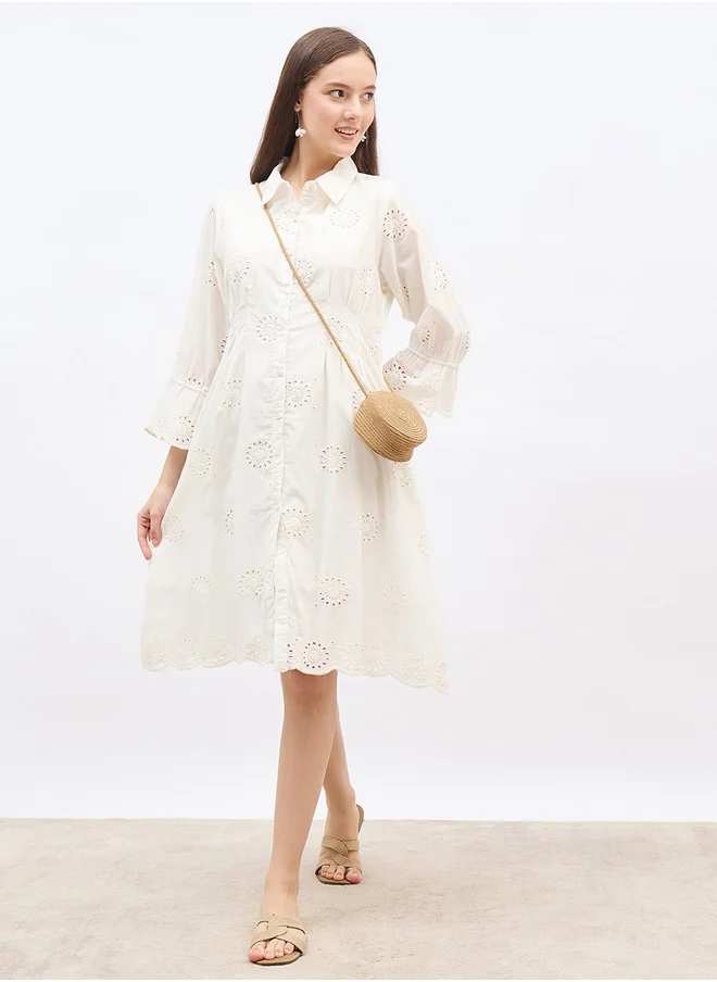 ستايلي Styli Women White Schiffli Bell Sleeves Shirt Knee-Length Dress