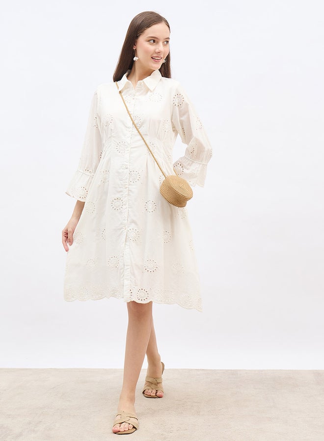 ستايلي فستان ستيلي نسائي أبيض بأكمام الجرس شيفلي بطول الركبة - Image 1